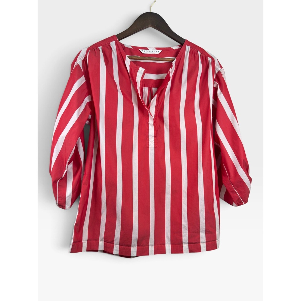 Trina Turk | Striped Popover Blouse | M | Red + White | Tie Cuff
